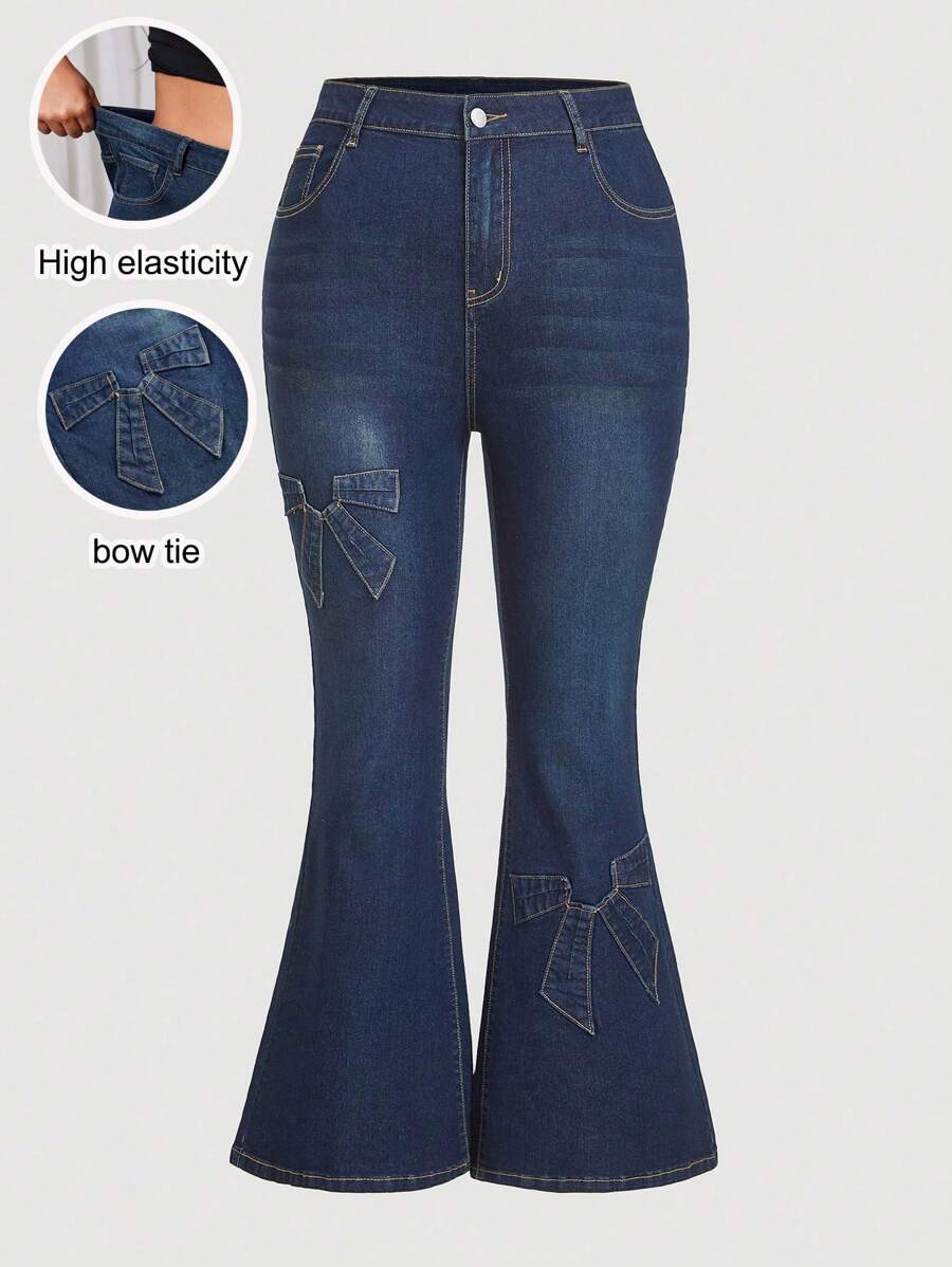 SHEIN MOD 大码女式弹力紧身喇叭牛仔裤，蓝色 - 深色水洗藍 - 查看 1