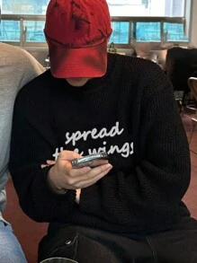 DAZY Men's Casual Letter Print Knitted Sweater, Autumn/Winter - Black - View 3