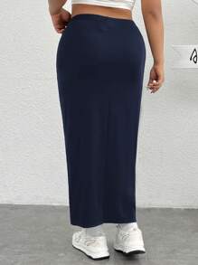 SHEIN EZwear Chân váy bút chì trơn tối giản cỡ lớn, mặc thường ngày - Màu xanh hải quân - Xem 2