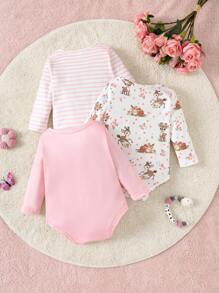 SHEIN Vintaside Kids 3pcs/Set Baby Girls Spring/Autumn Cute Deer Graphic Allover Print Long Sleeve Rompers, Combination Of Pink Round Neck, Striped, Full Body Print, Suitable For Home & Outdoor
