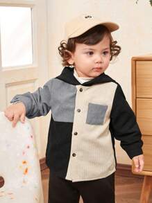 SHEIN 男婴休闲校园风格彩色连帽套头灯芯绒衬衫 - 黑與白 - 查看 8