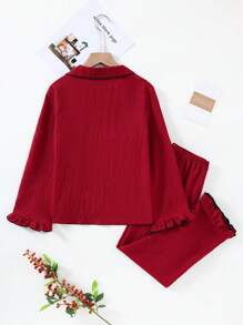 Tween Girls Pink & Black Trim Casual Open Front Ruffle Collar 2pcs Loungewear Set - Burgundy - View 2