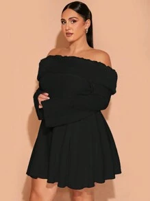 SHEIN BAE Vestido de mujer talla grande, súper versátil, con ribete esponjoso crema, corte A con costilla elástica, perfecto para fiestas o uso diario, estilo dulce - Negro - Ver 5