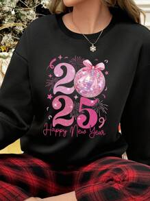 Calvaya Plus Size Women's Letter Happy New Year 2025 New Years Eve Graphic Print Round Neck Casual Pullover Sweatshirt Fall - Black - View 1