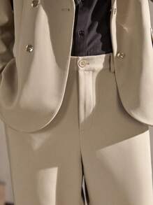 AKNOTIC Business Casual 2pcs/Set Men's Khaki Metal Button Slim Fit Woven Casual Fashion Suit Set, Suitable For Office, Daily Wear, And Parties - Khaki - View 3