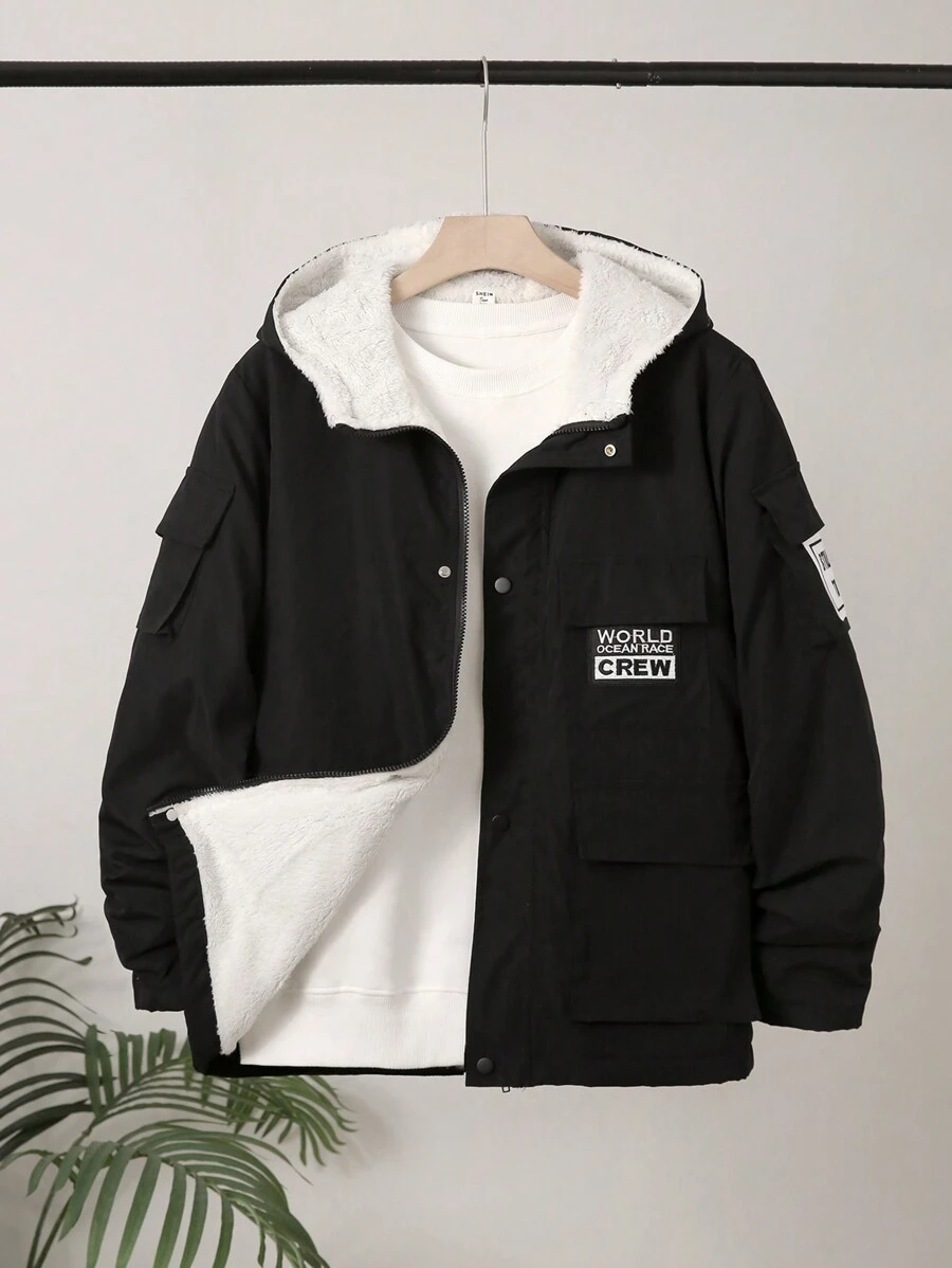 休闲酷炫青少年男孩山地印花舒适长袖连帽羊毛夹克