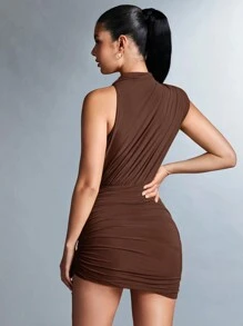 SHEIN BAE Ladies Solid Color Collar 3D Floral Decor Pleated Mini Fashionable Dress - Coffee Brown - View 2