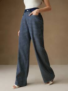 SHEIN X Jwoww Anewsta 女士新款时尚提花情人节/母亲节蓝色直筒牛仔裤