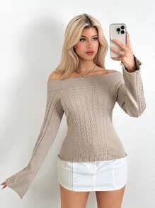 EgrlEra Women's Asymmetrical Shoulder Fitted Bell Long Sleeve Sweater, Apricot Color Y2K Knit Pullover Fall Winter - Apricot - View 3