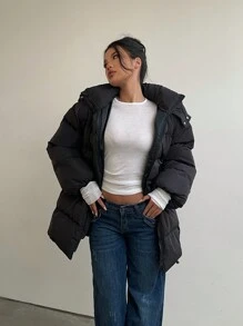 Aloruh 女士时尚厚连帽棉质中长外套，黑色 - 黑色 - 查看 4