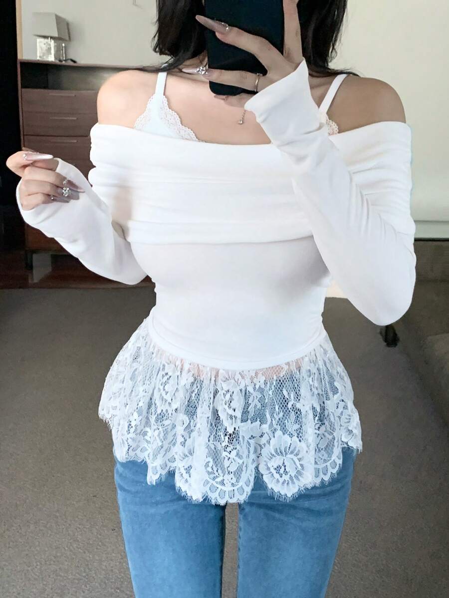 DAZY 女士露肩长袖蕾丝撞色T恤，秋季服装 - 白色 - 查看 1