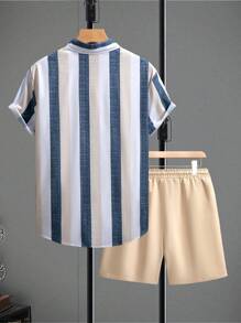 Manfinity Homme Men's Front Button Short Sleeve Striped Casual T-Shirt And Shorts Set - Khaki - View 2