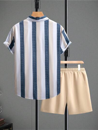OTTIMOZO Bộ áo phông sọc tay ngắn cài nút phía trước và quần short thường ngày cho nam