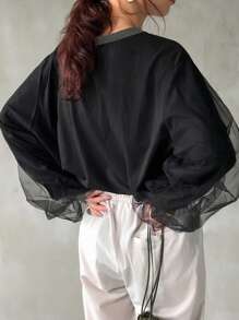 FRIFUL Women's Mesh Contrast Loose Batwing Sleeve Round Neck T-Shirt,Fall Clothes