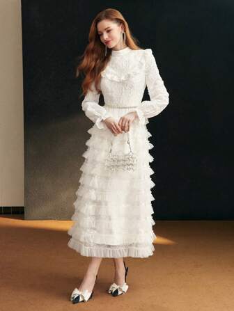 MOTF PREMIUM CONTRAST MESH RUFFLE TRIM FORMAL DRESS