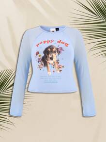 Animal Planet X SHEIN Women's Plus Size Long Sleeve Crew Neck Top With Puppy Dog Print, Mesh Splice, Fashion , Fresh, Comfortable, Y2K Style