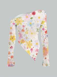 cha5rlie Maglietta con maniche lunghe asimmetriche, stile minimalista fresco, con stampa floreale di stile, adatta per autunno/inverno, vacanze, Capodanno, San Valentino, primavera, festival - Multicolore - Visualizzare 2