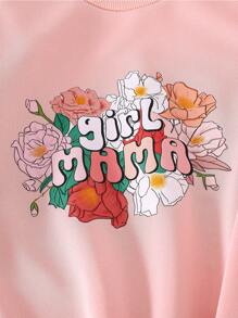 SHEIN Girls' Minimalist Cute Floral & Letter Print Round Neck Ribbed Long Sleeve Sweatshirt