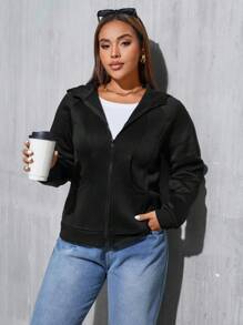 SHEIN Essnce Plus Size Casual Solid Color Zip Up Sweatshirt, For Autumn/Winter - Black - View 3