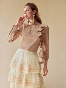 MOTF PREMIUM SATIN RUFFLE TRIM KEYHOLE NECKLINE BLOUSE - Brown - View 5