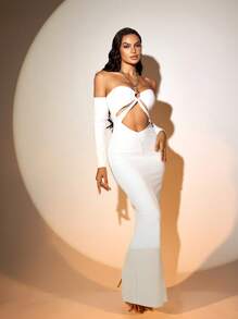 SHEIN SXY Sexy Party Club Chain Decor Hollow Shoulder Off Shoulder White Mini Dress