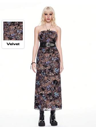 Women Oil Painting Style Floral Flocked Mermaid Maxi Slim Dress