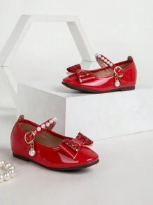 1 Pair Girls' Red Soft Bottom Mary Jane Princess Loafer Shoes, Suitable For Spring And Autumn