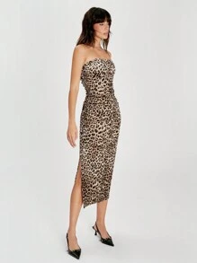 SHEIN EZwear Leopard Print Side Slit Velvet Bodycon Tube Dress