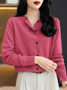 SHEIN LUNE Women's Casual Loose Solid Color Single Breasted Cardigan, Long Sleeve, Autumn/Winter - Hot Pink - View 4