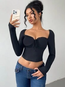 Allurite Women's Black Long Sleeve Ballet Style Lace Sheer Back Insert Sexy Basic Elegant T-Shirt, Suitable For Christmas, Valentine's Day, New Year Eve - Black - View 5