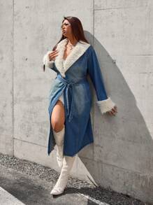 SHEIN ICON Plus Size Casual Color Block Fuzzy Patchwork Long Denim Jacket For Autumn/Winter