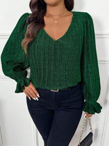SHEIN Frenchy Plus Size Green V-Neck Glitter Embellished Party Shirt, Long Sleeve