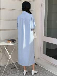 DAZY 女式长款半开襟衬衫领连衣裙，秋装 - 藍色 - 查看 4