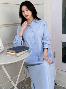 DAZY 女式长款半开襟衬衫领连衣裙，秋装 - 藍色 - 查看 9