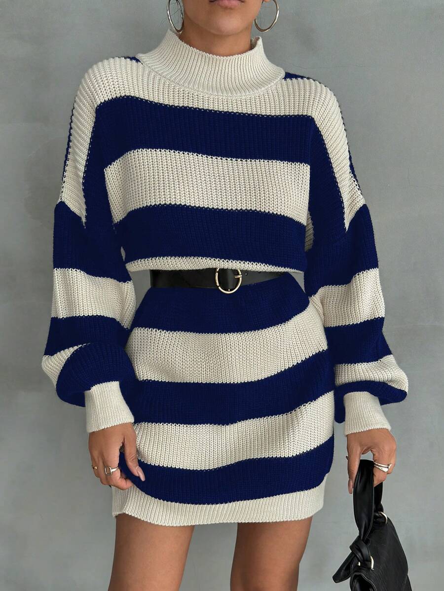 EURMUSE Women Drop Shoulder Sweater Dress With Striped Pattern - Royal Blue - View 1