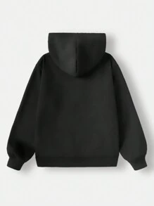 SHEIN EZwear Áo nỉ trùm đầu dày cổ cao màu đen rộng rãi thoải mái có dây rút cho nữ, thích hợp cho mùa thu/đông - màu đen - Xem 2