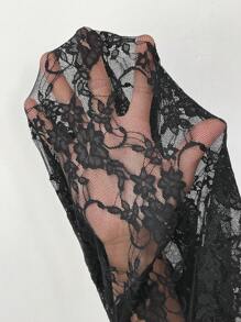 SHEIN EZwear 大码女式蕾丝透视长袖衬衫 - 黑色 - 查看 8