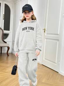 SHEIN 2 件套 Tween 女孩宽松休闲柔软舒适连帽衫运动衫和裤子套装 - 淺灰色 - 查看 7