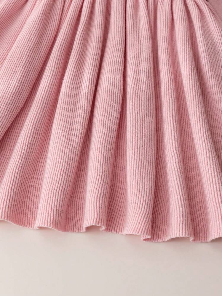 Souflis Souflis Young Girl's Pink Bow Sweater Dress, Ruffled Round Neck Long Sleeve Knitted Dress - Pink - View 5
