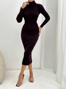 SHEIN PETITE 高领罗纹针织毛衣连衣裙纯色修身版型 - 米色 - 查看 5