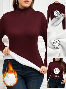 SHEIN Clasi 大码女式长袖保暖内衬保暖 T 恤，秋冬款 - 酒紅色 - 查看 3