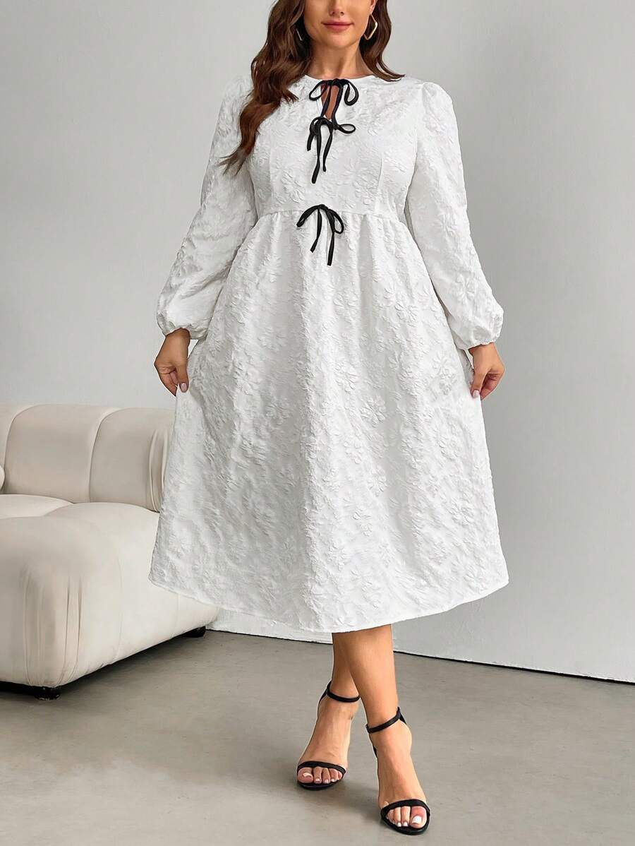 SHEIN Privé Plus Size Women's 3D Floral White Bowknot Contrast Tie A-Line Dress, Suitable For Dates And Weddings - White - View 1
