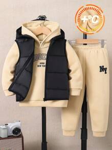 SHEIN Leap Crew Bộ 3 áo nỉ in chữ mùa đông giản dị cho bé trai, quần nỉ & áo vest có đệm - Màu Khaki - Xem 5