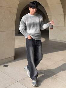 DAZY 男士渐变色圆领长袖休闲宽松针织毛衣，秋冬 - 淺灰色 - 查看 5