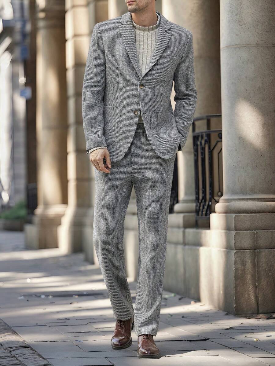 Manfinity VCAY 2pcs Men's Slim Fit Two-Button Business Suit Set, Suitable For Office - Dark Grey - View 1