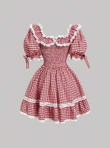 SHEIN MOD 蕾丝和蝴蝶结细节泡泡纱格子全罩杯迷你连衣裙 - 紅白色 - 查看 5