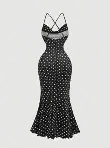 SHEIN MOD Vestido con cuello drapeado y estampado de lunares para mujeres, ropa de otoño, vestido de mujer para Año Nuevo, vestido de baile de máscaras, vestido de mujer, vestidos elegantes de mujer - Negro - Ver 2