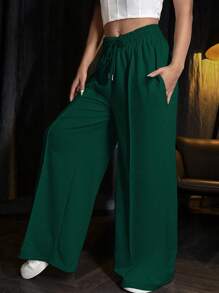 SHEIN Unity Pantalones de chándal con cordón y cintura de unicolor - Verde - Ver 4