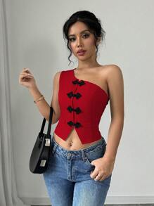 Gloray 1pc Asymmetric Hem Snap Button Front Sleeveless Top For New Year Clothes - Red - View 5