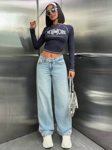 EURMUSE 女士直筒低腰牛仔裤 - 淺色水洗藍 - 查看 5